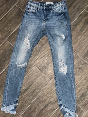 KanCan Distressed Blue Slim Jeans with Frayed Hem